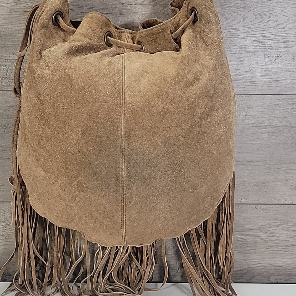 Raj for Anthropologie Boho Fringe Suede Bucket Crossbody Bag - Tan - Picture 4 of 12